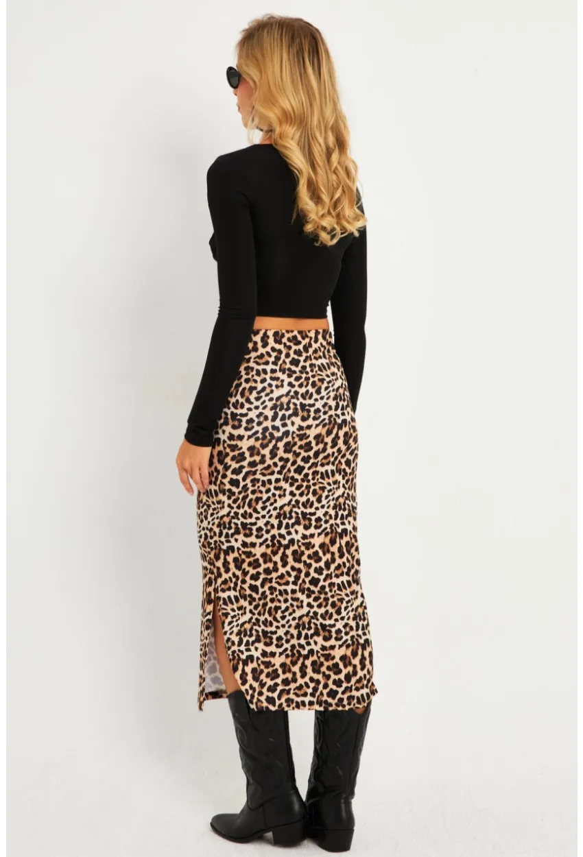 Kadın Camel-Siyah Leopar Desenli Midi Etek YLE21