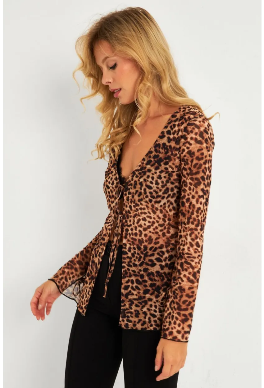 Kadın Camel-Siyah Leopar Desenli Tül  Bluz GÇ175