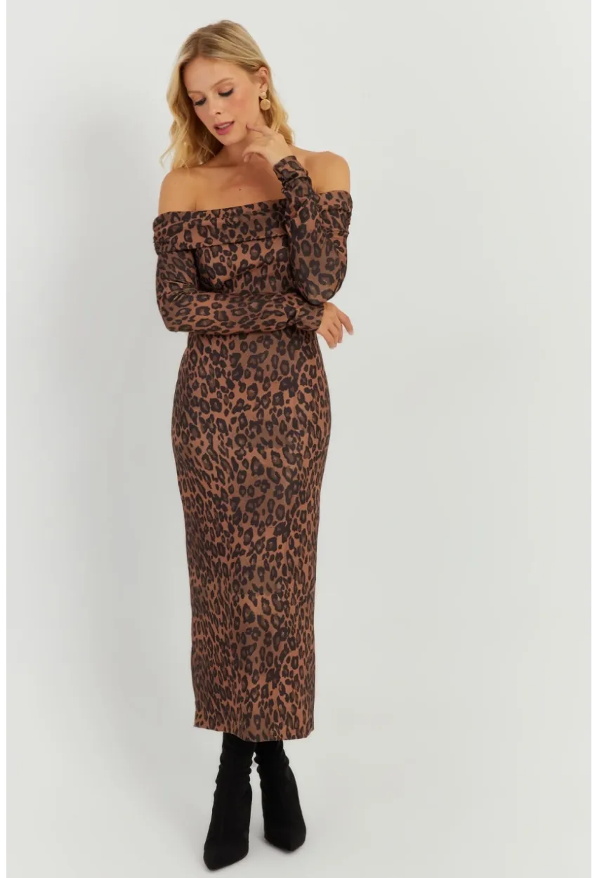 Kadın Camel-Siyah Leopar Madonna Midi Elbise RMZ21254