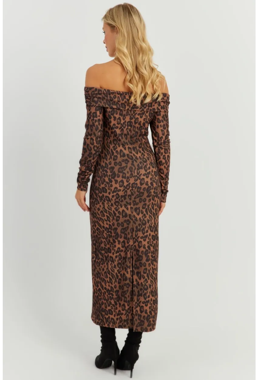 Kadın Camel-Siyah Leopar Madonna Midi Elbise RMZ21254
