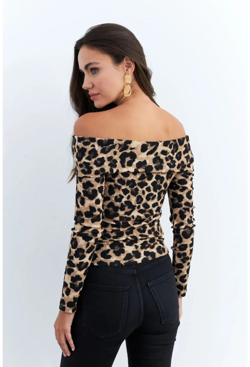 Kadın Camel-Siyah Madonna Yaka Leopar Bluz RLO77