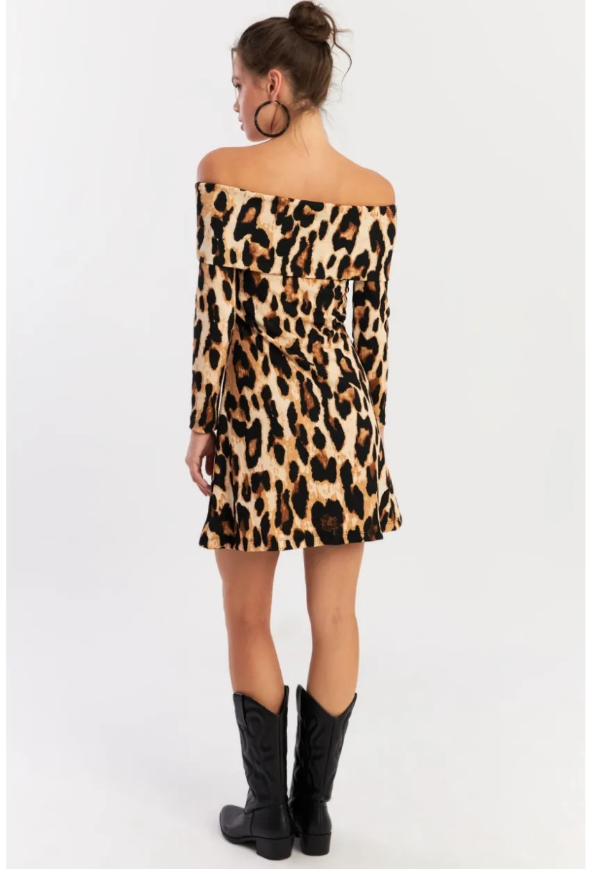 Kadın Camel-Siyah Madonna Yaka Leopar Mini Elbise EY2915