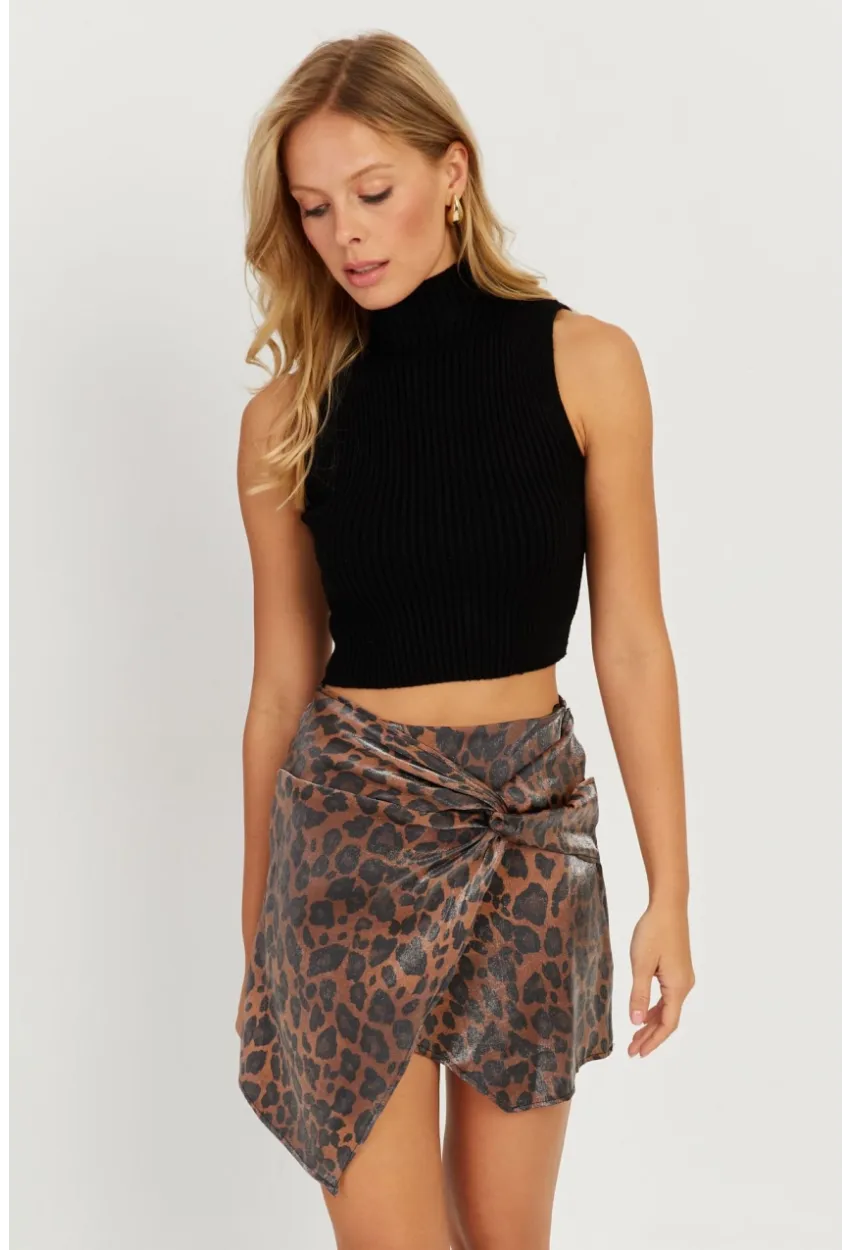 Kadın Camel-Siyah Önü Düğümlü Mini Leopar Etek NH89