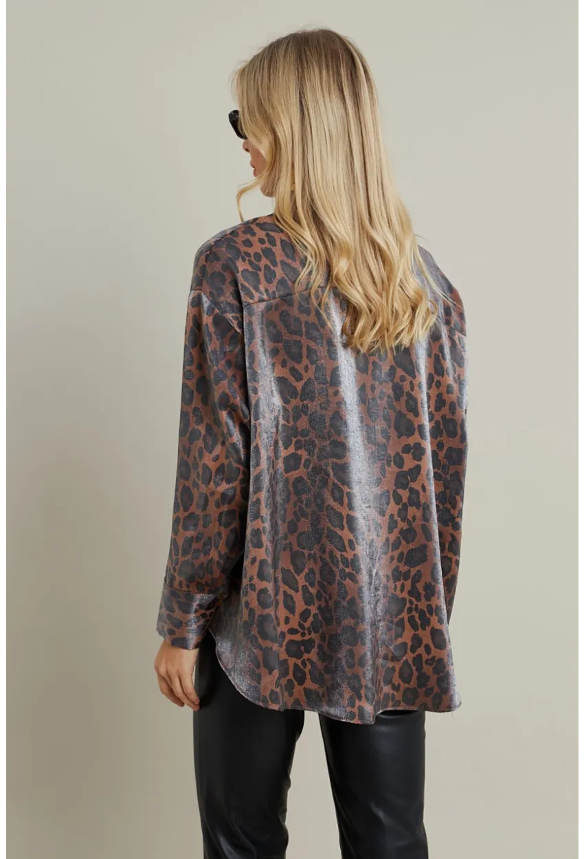 Kadın Camel-Siyah Parlak Leopar Salaş Gömlek MMİW1000