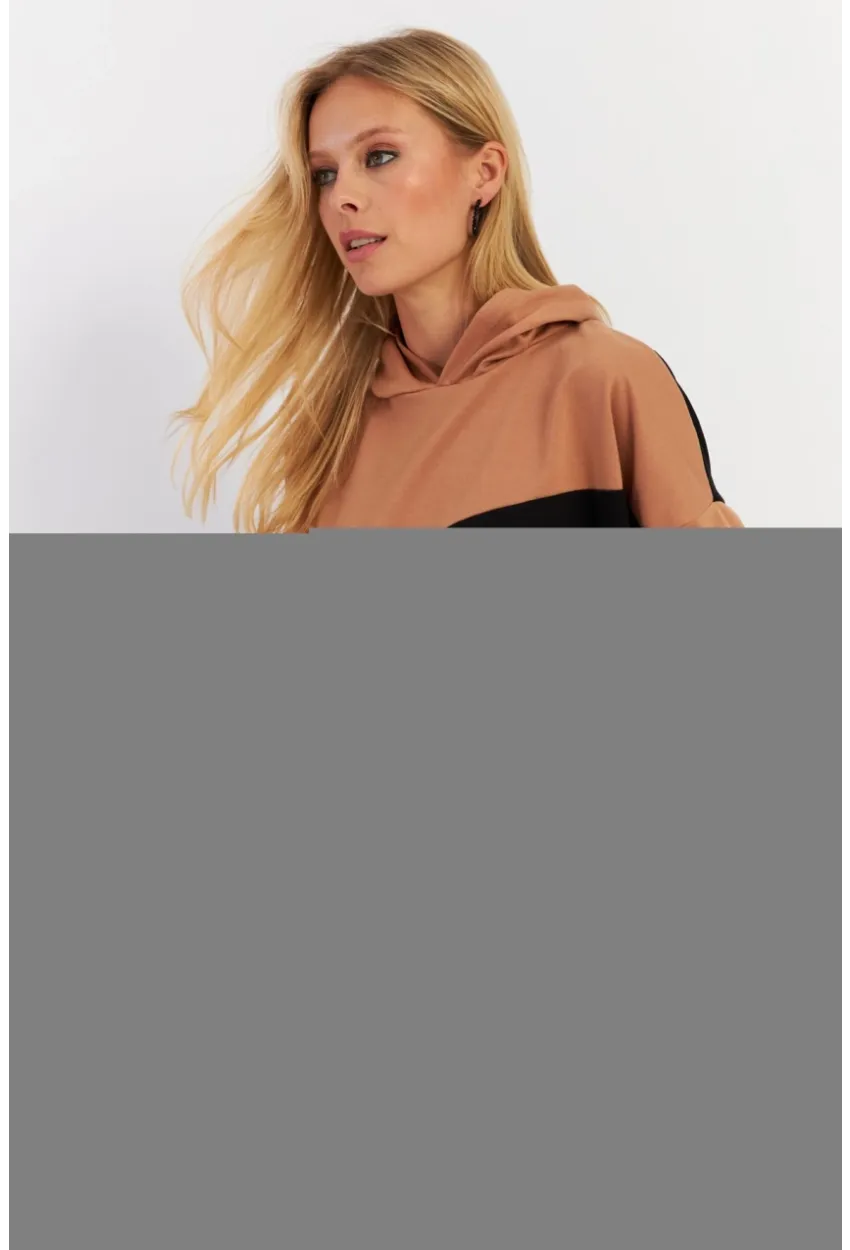 Kadın Camel-Siyah Renk Bloklu Kapüşonlu Sweatshirt DA148