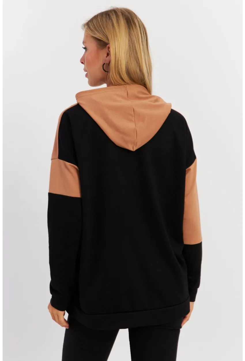 Kadın Camel-Siyah Renk Bloklu Kapüşonlu Sweatshirt DA148