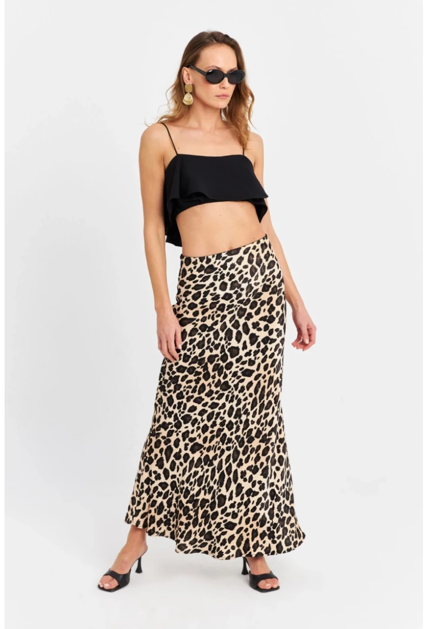 Kadın Camel-Siyah Saten Leopar Etek CAR2431