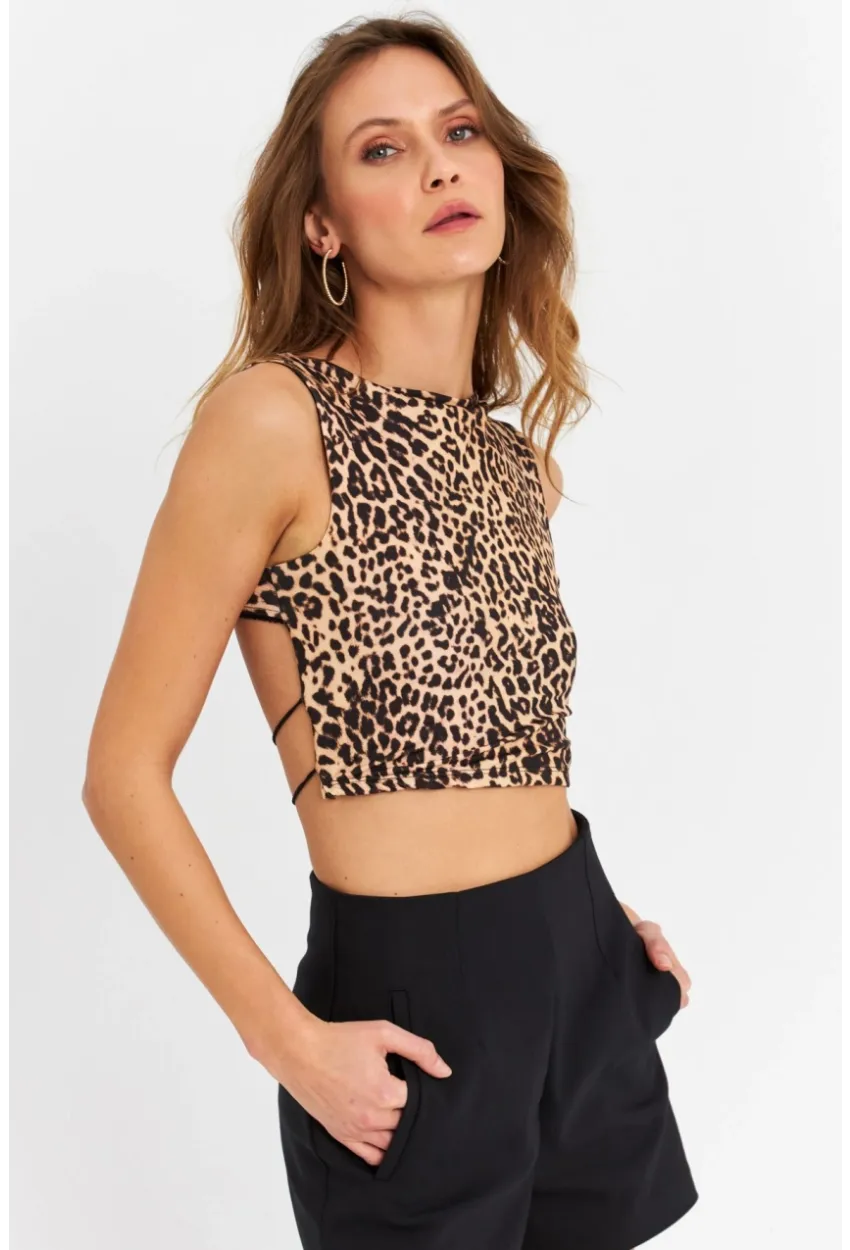 Kadın Camel-Siyah Sırtı Açık Leopar Crop Bluz ZH138
