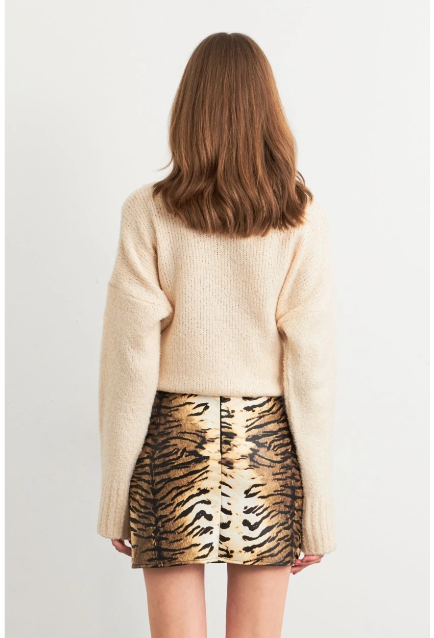 Kadın Camel-Siyah Suni Deri Zebra Desenli Mini Etek NH24475