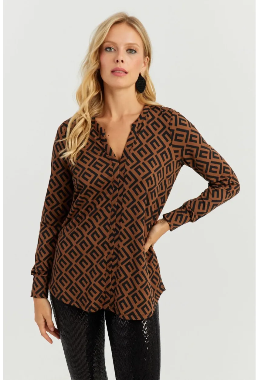 Kadın Camel-Siyah V Yaka Bluz AYD258