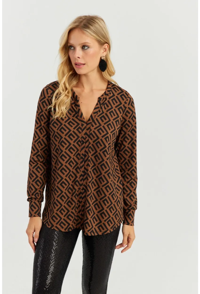 Kadın Camel-Siyah V Yaka Bluz AYD258