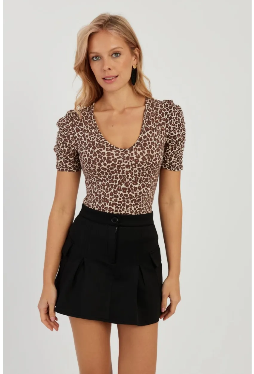 Kadın Camel-Siyah V Yaka Leopar Bluz LPP1263