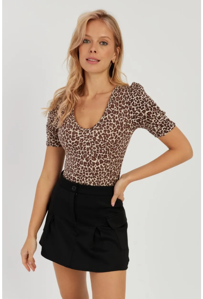 Kadın Camel-Siyah V Yaka Leopar Bluz LPP1263
