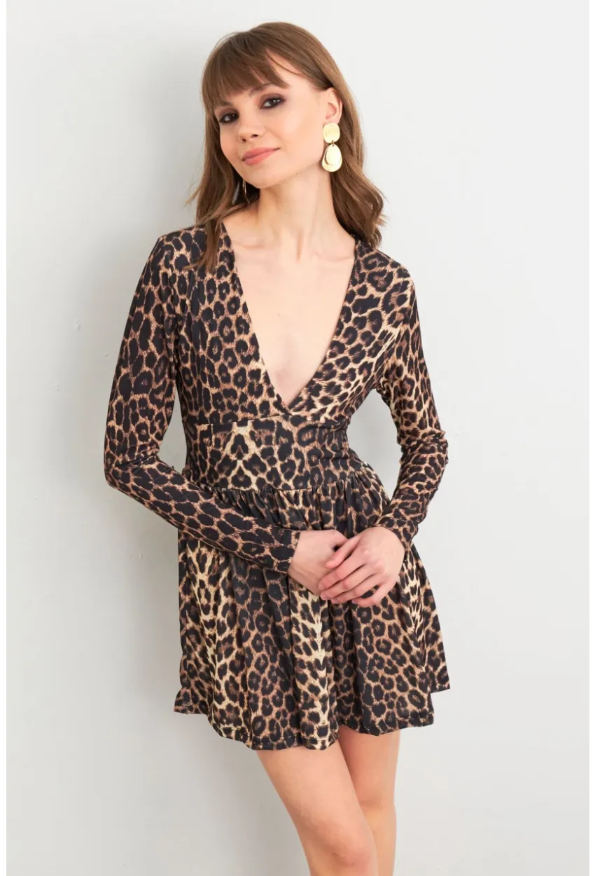 Kadın Camel-Siyah V Yaka Leopar Mini Elbise LİK17