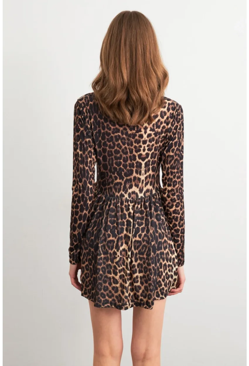 Kadın Camel-Siyah V Yaka Leopar Mini Elbise LİK17