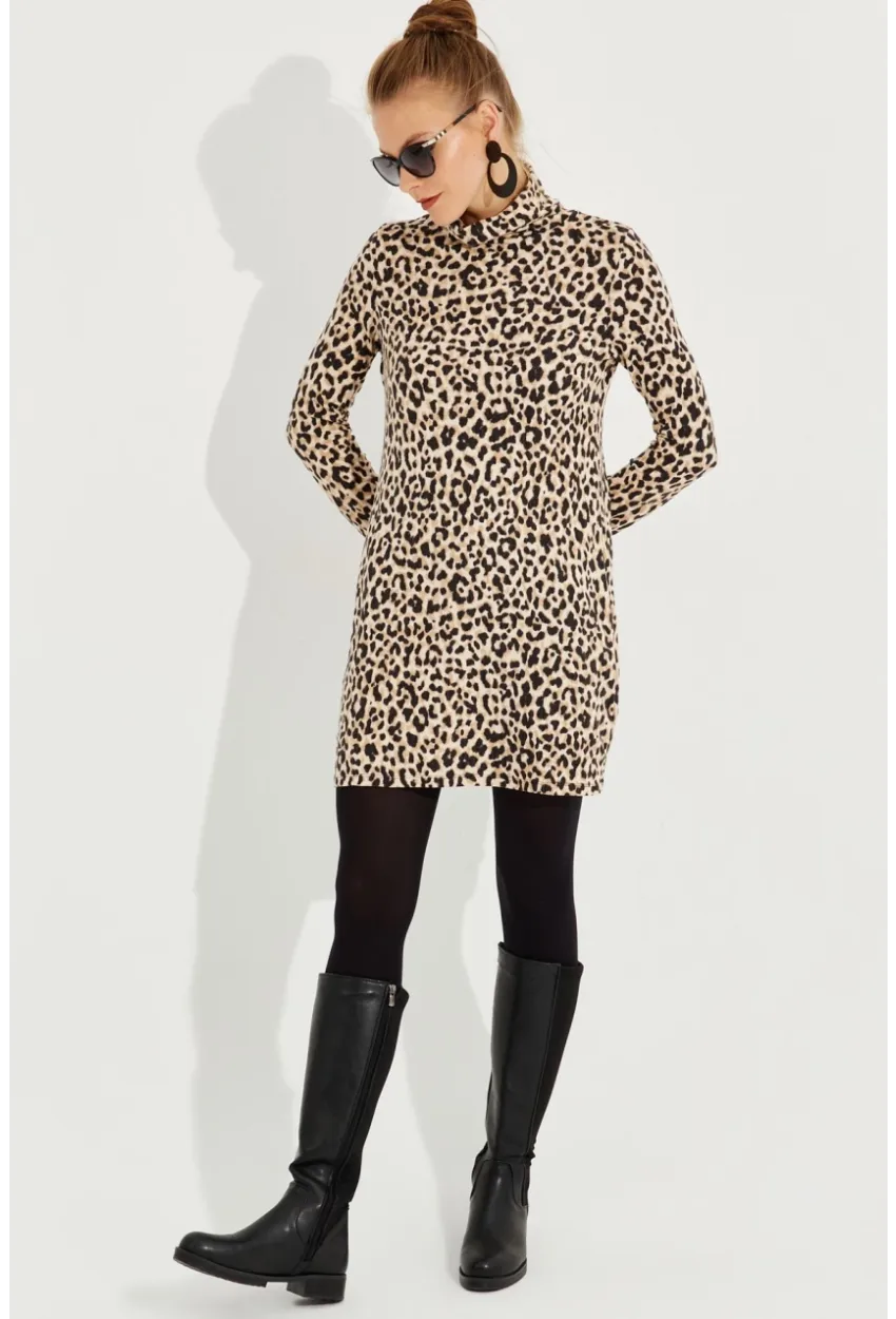 Kadın Camel-Siyah Yumoş Leopar Mini Elbise AYD253