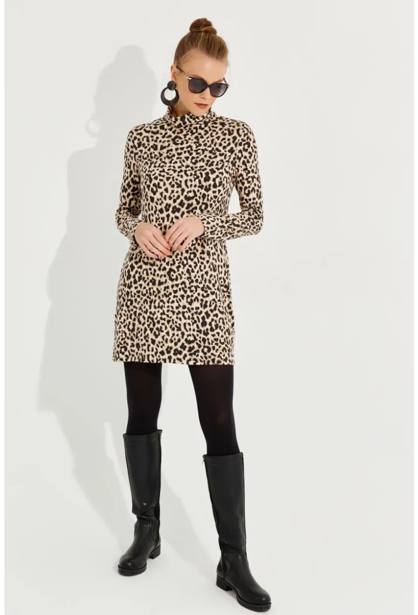 Kadın Camel-Siyah Yumoş Leopar Mini Elbise AYD253