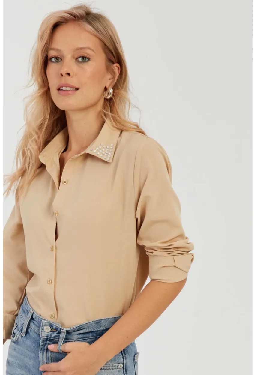 Kadın Camel Taş Detaylı Gömlek ZER402