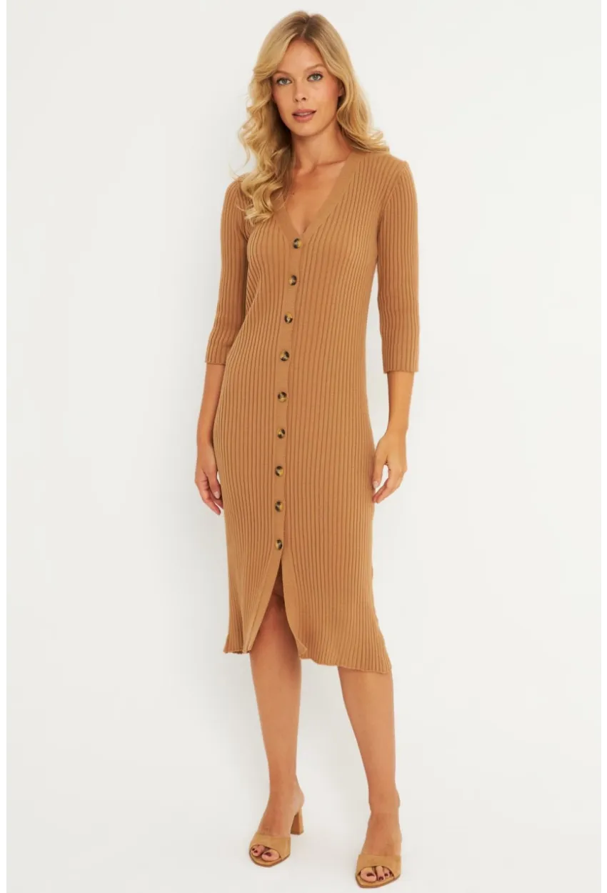 Kadın Camel Triko Midi Gömlek Elbise YV274