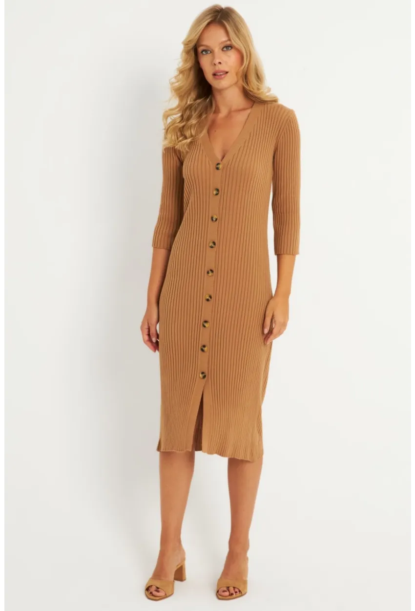 Kadın Camel Triko Midi Gömlek Elbise YV274