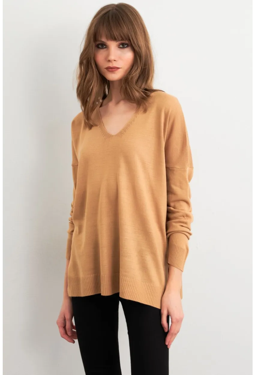 Kadın Camel V Yaka Triko Kazak YİL549