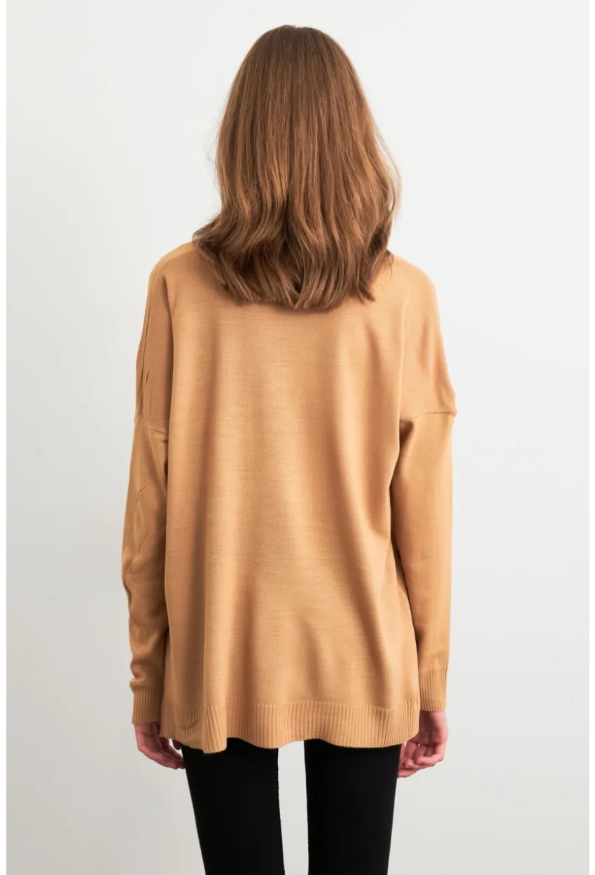 Kadın Camel V Yaka Triko Kazak YİL549