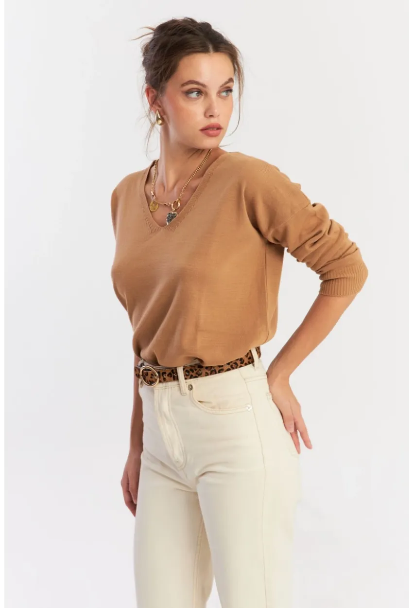 Kadın Camel V Yaka Yalaş Triko Bluz YİL552