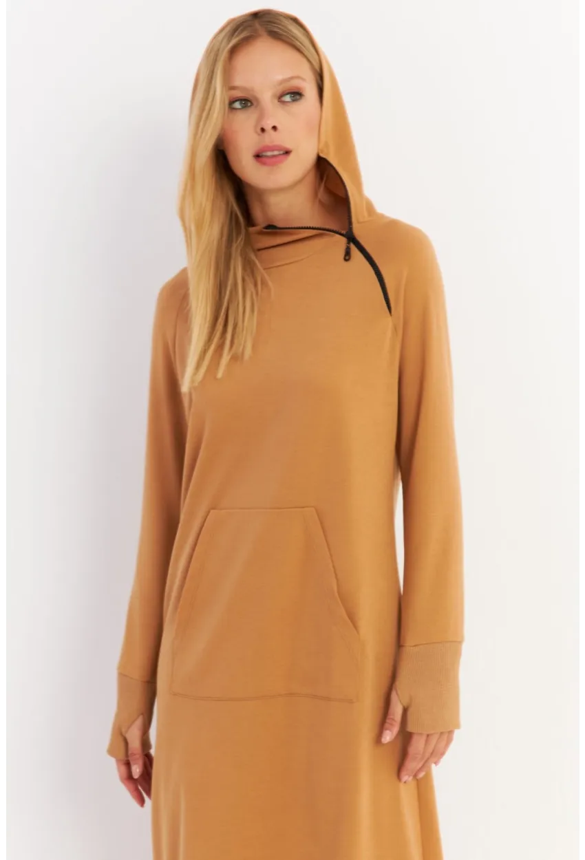 Kadın Camel Yakası Fermuarlı Maxi Sweat Elbise TF12