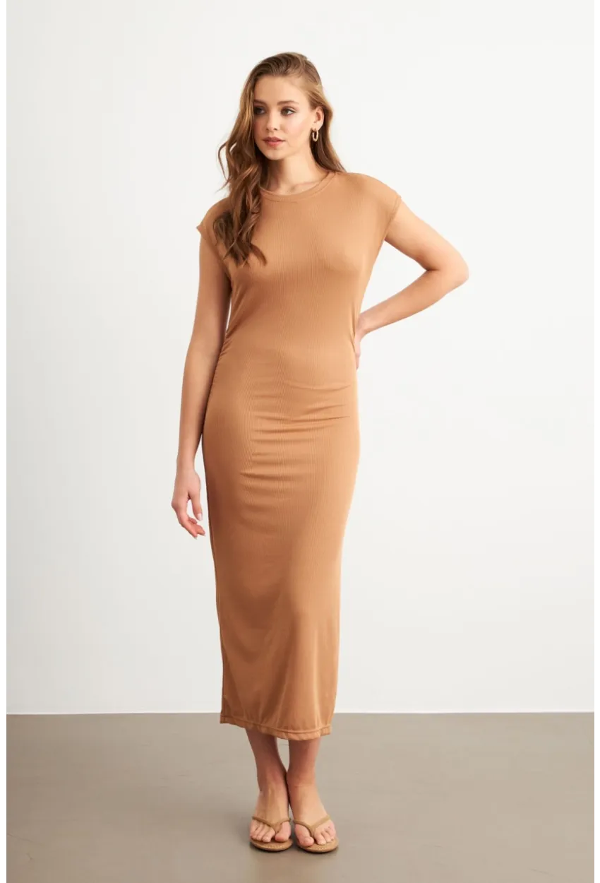Kadın Camel Yanları Büzgülü Midi Elbise MK35