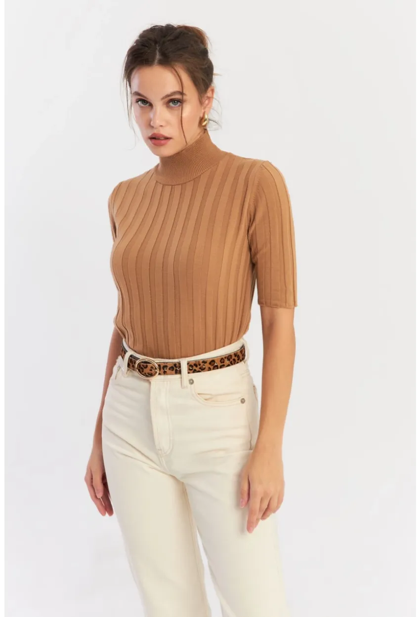 Kadın Camel Yarım Balıkçı Triko Bluz YV287