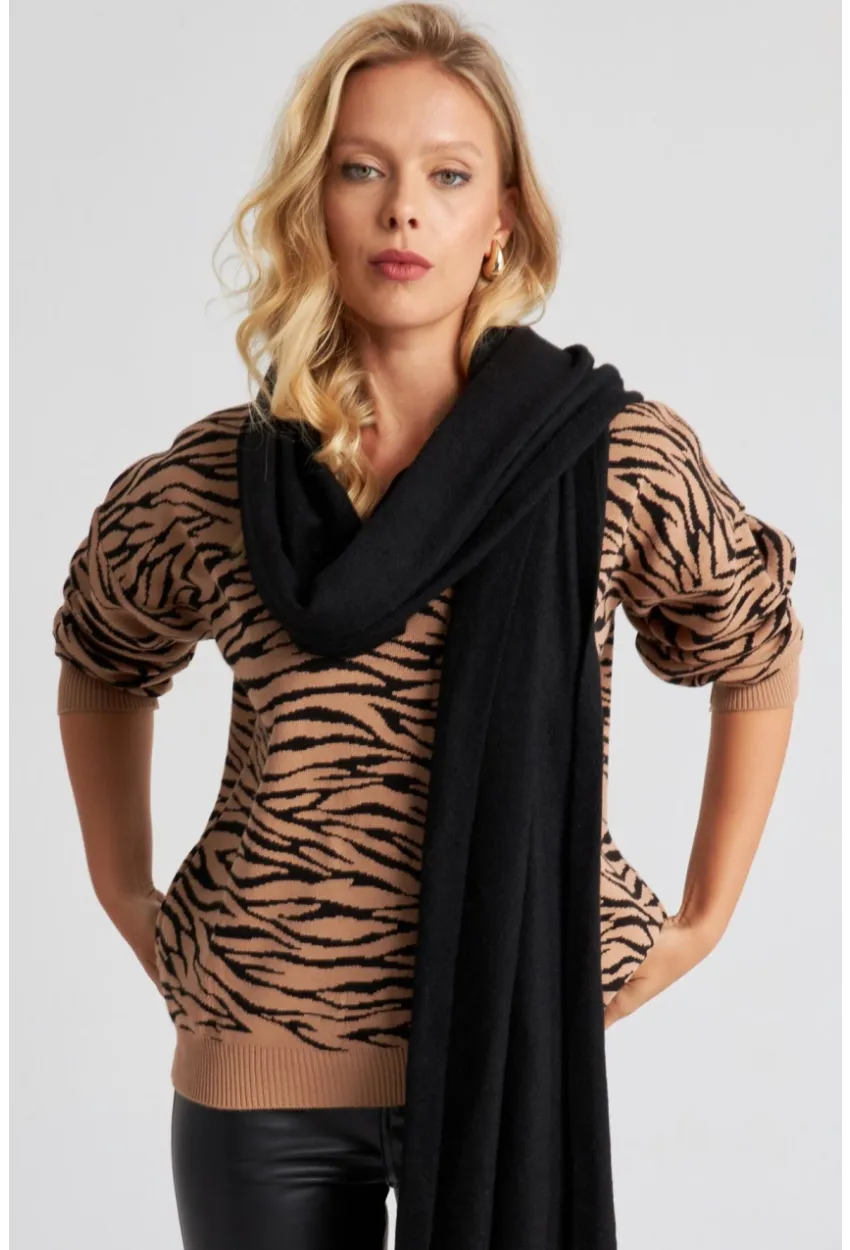 Kadın Camel Zebra Desenli Triko Kazak YZ521