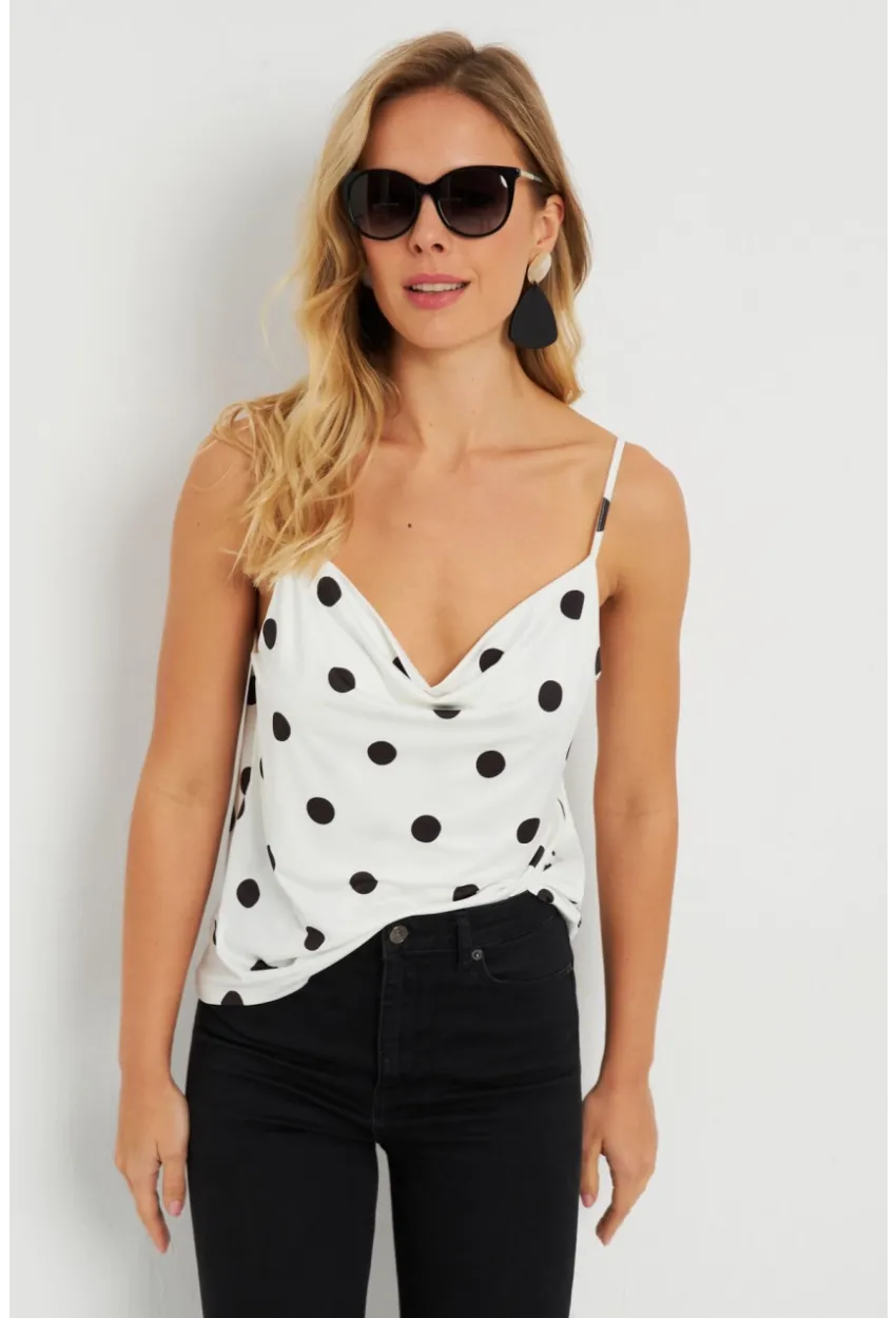 Kadın Degaje Yaka Puantiyeli Bluz Beyaz-Siyah LPP1255