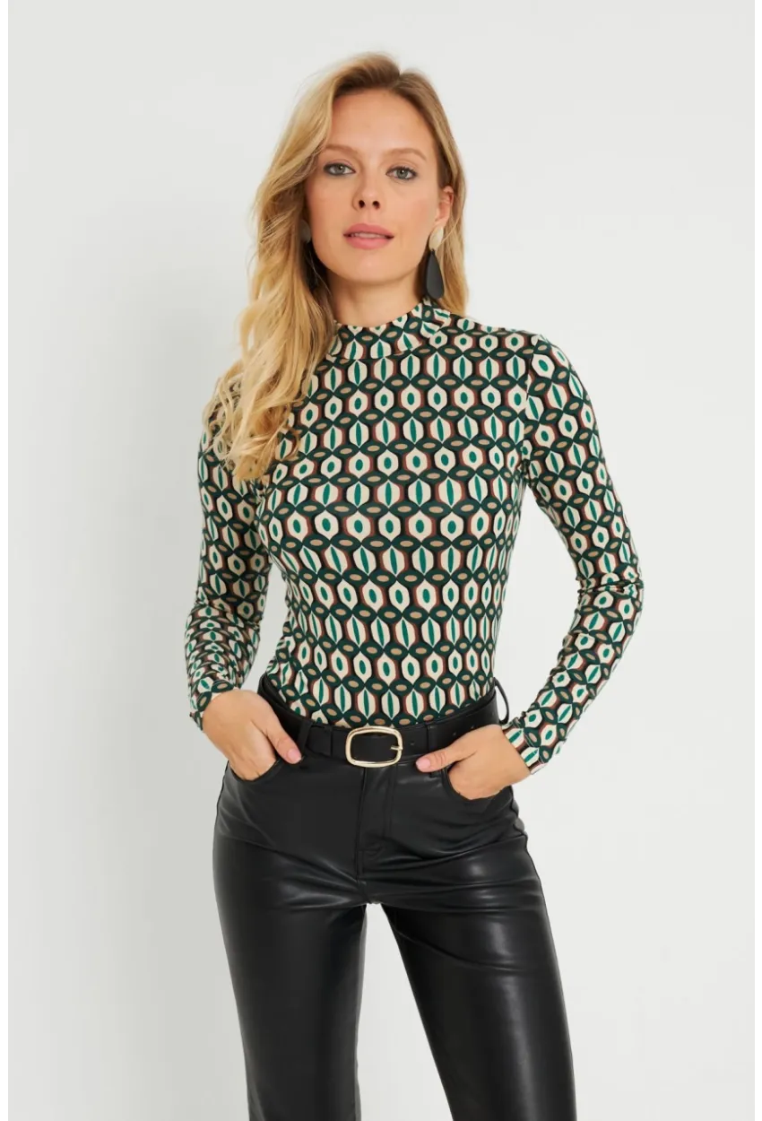Kadın Desenli Bluz Ekru-Yeşil AYD288