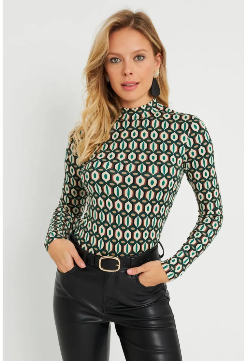 Kadın Desenli Bluz Ekru-Yeşil AYD288
