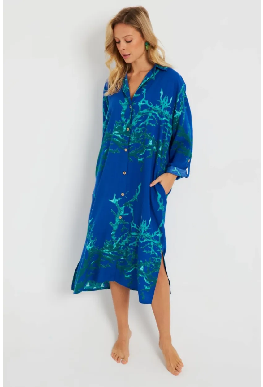 Kadın Desenli Gömlek Elbise Saks LV174