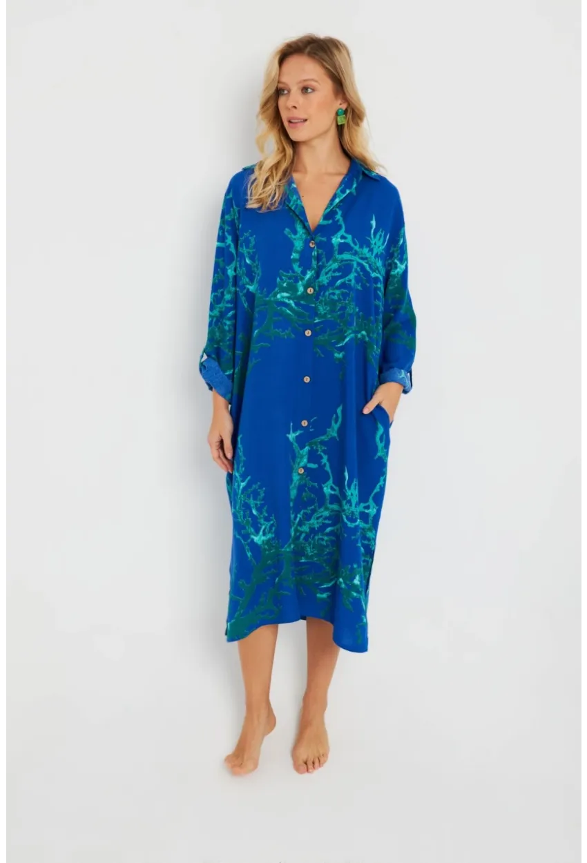 Kadın Desenli Gömlek Elbise Saks LV174