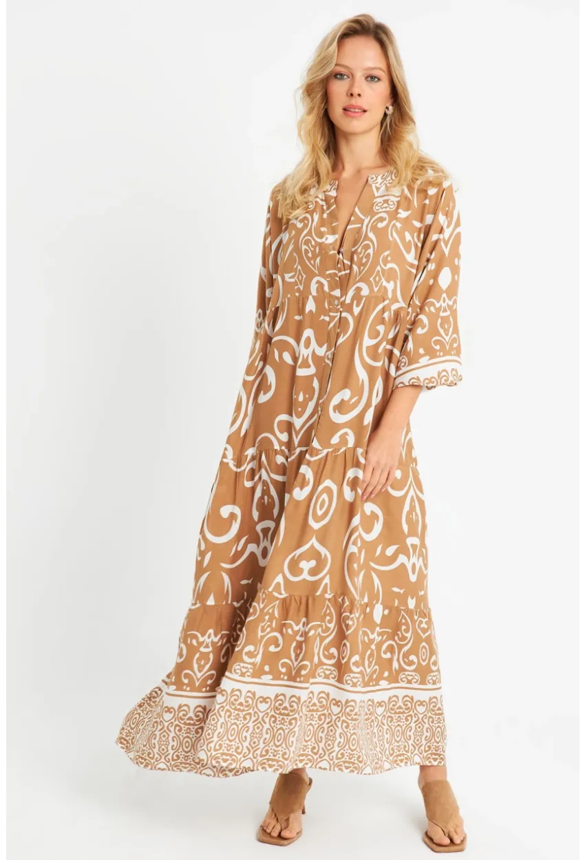 Kadın Desenli Salaş Maxi Elbise Camel Q981