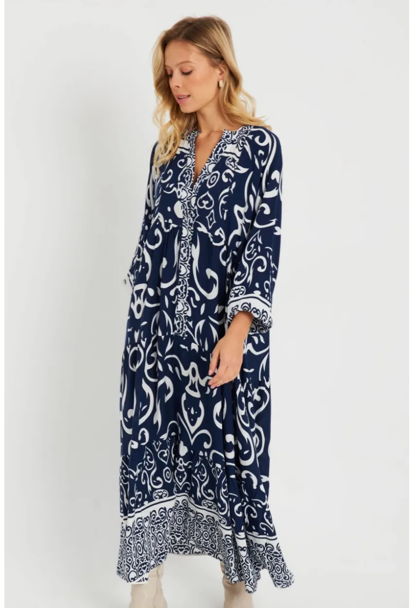 Kadın Desenli Salaş Maxi Elbise Lacivert Q981