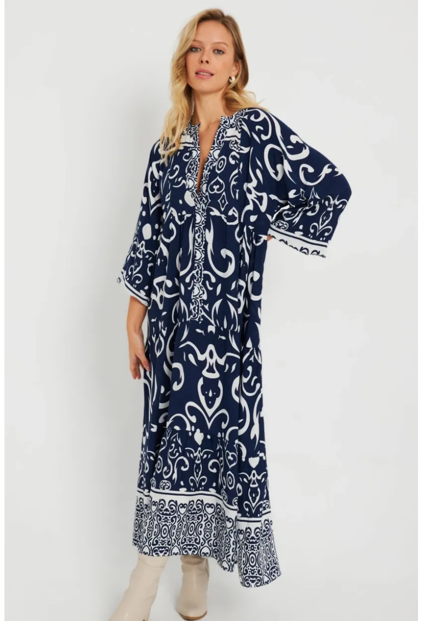 Kadın Desenli Salaş Maxi Elbise Lacivert Q981