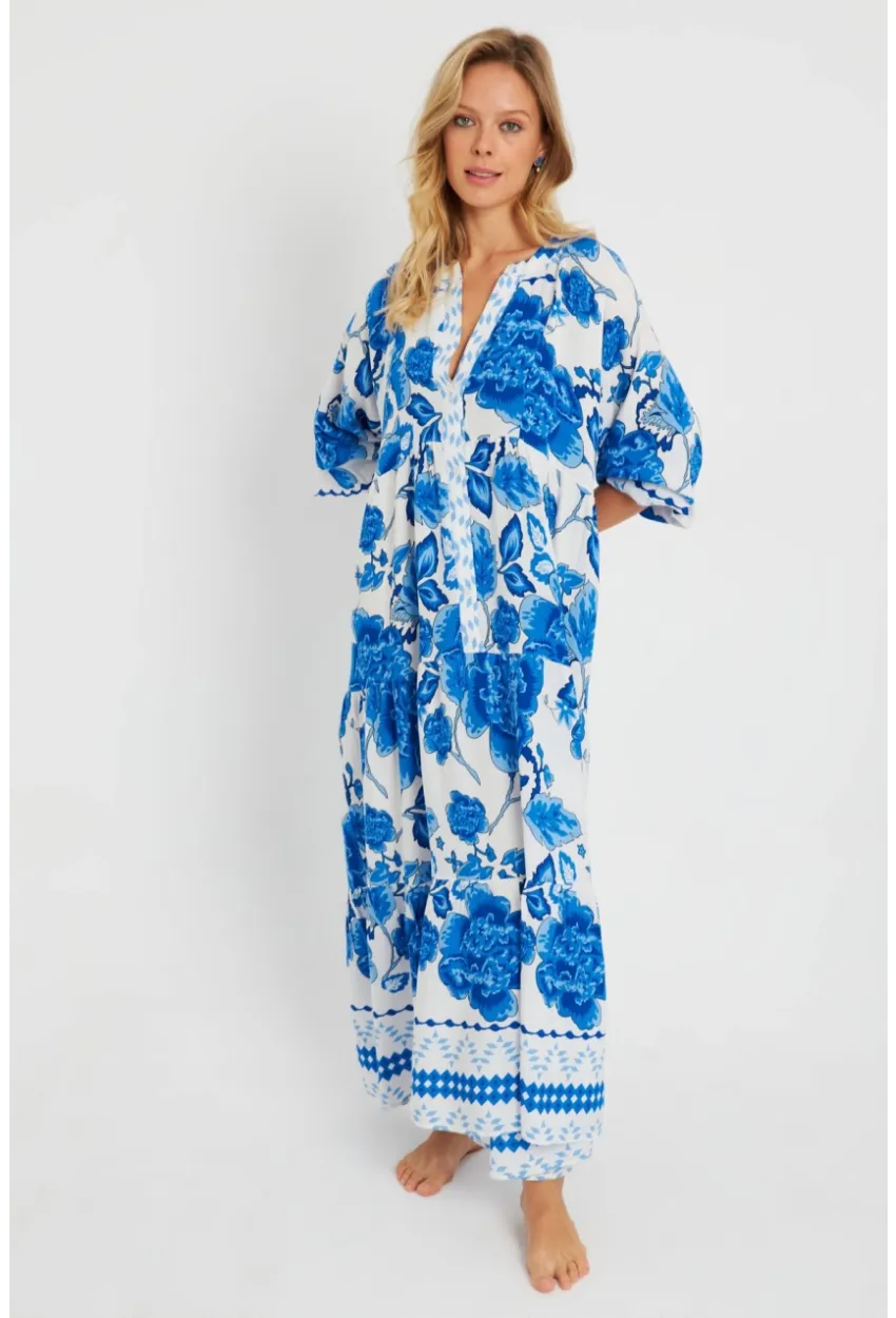 Kadın Desenli Salaş Maxi Elbise Mavi Q981