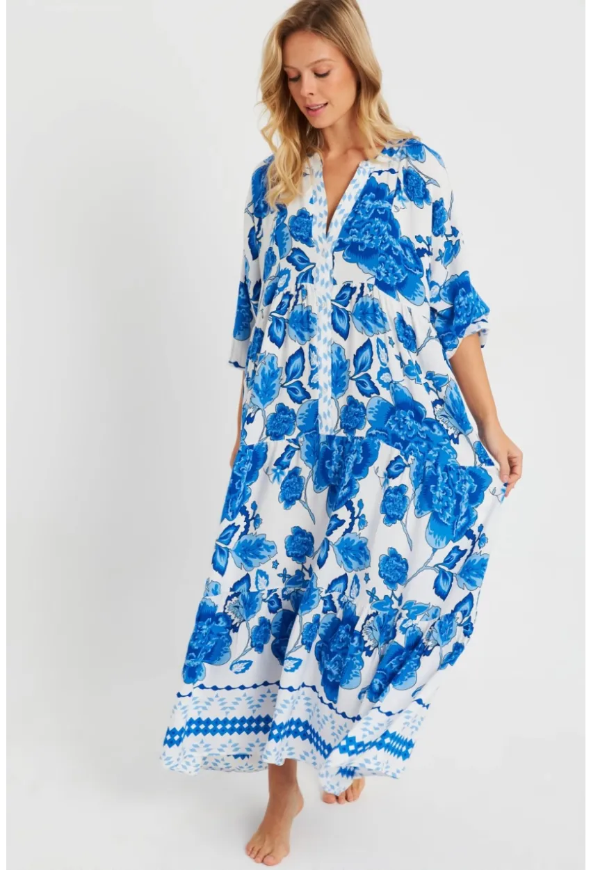 Kadın Desenli Salaş Maxi Elbise Mavi Q981