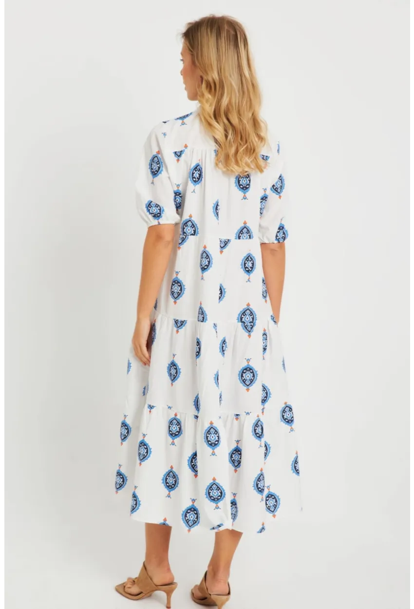 Kadın Desenli Salaş Mini Elbise Beyaz ASH23046