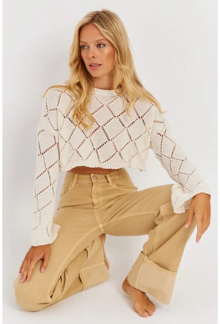 Kadın Ekru Ajurlu Kısa Triko Bluz YZ628
