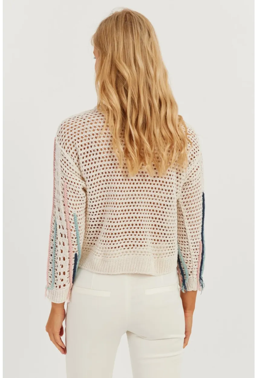 Kadın Ekru Ajurlu Renkli Triko Bluz MİW2761