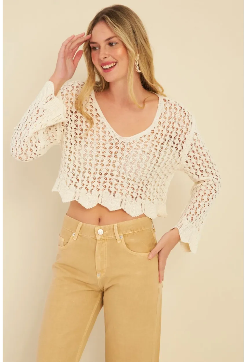Kadın Ekru Ajurlu Triko Bluz MZU603
