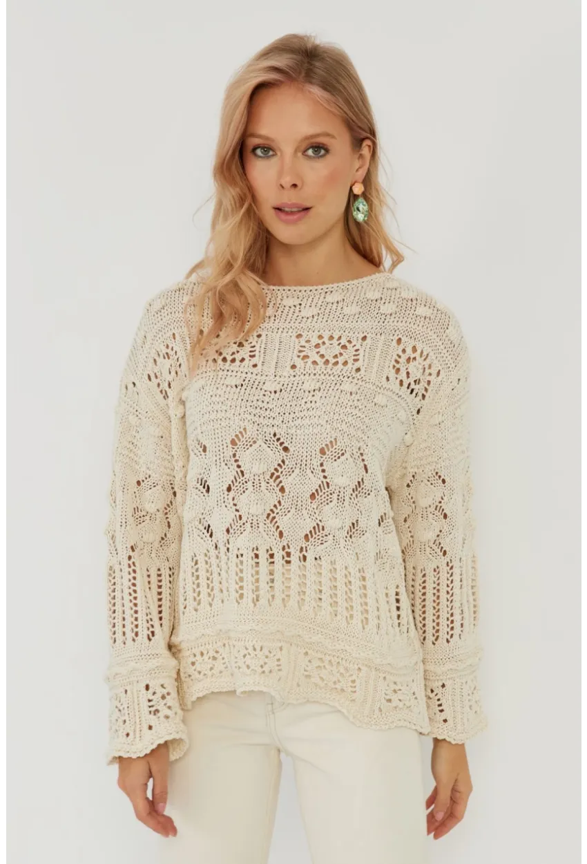Kadın Ekru Ajurlu Triko Bluz YZ620