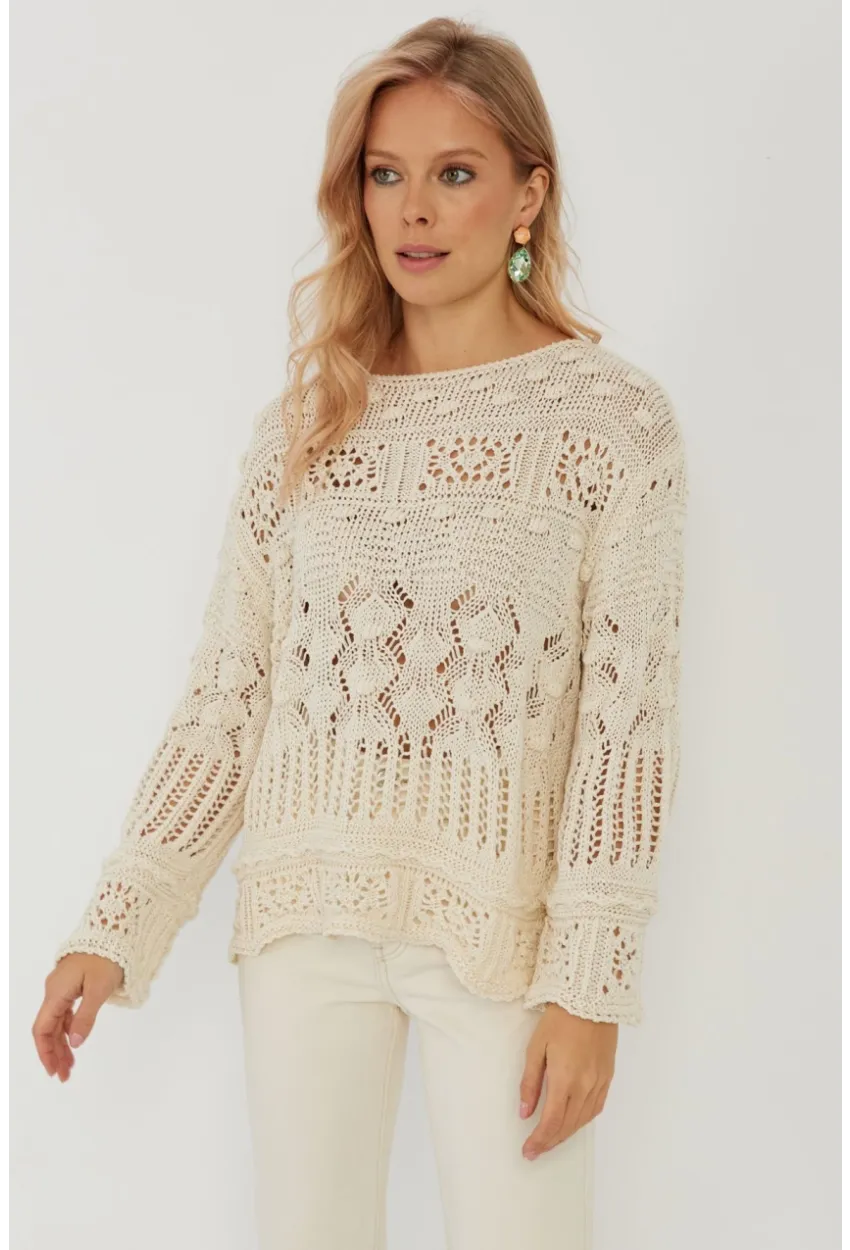 Kadın Ekru Ajurlu Triko Bluz YZ620