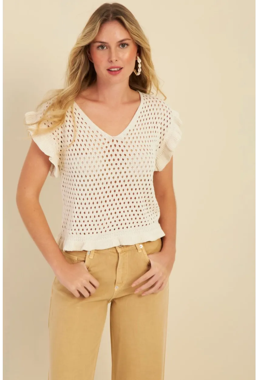 Kadın Ekru Ajurlu Triko Bluz ZU607