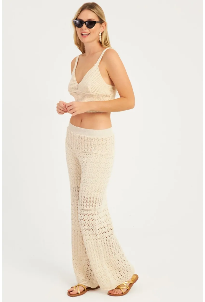 Kadın Ekru Ajurlu Triko Pantolon YZ3062
