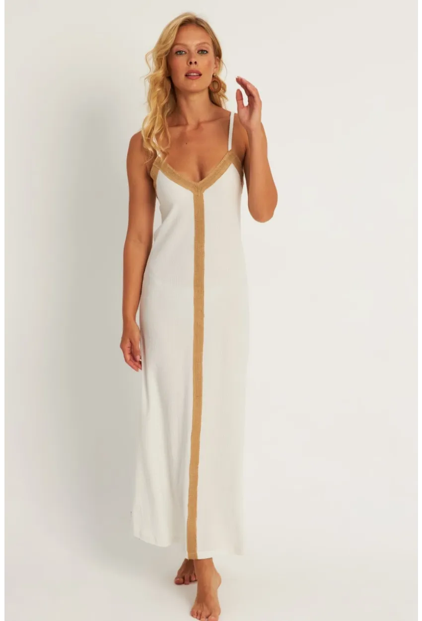 Kadın Ekru Aksesuarlı Bürümcük Midi Plaj Elbise EY2839